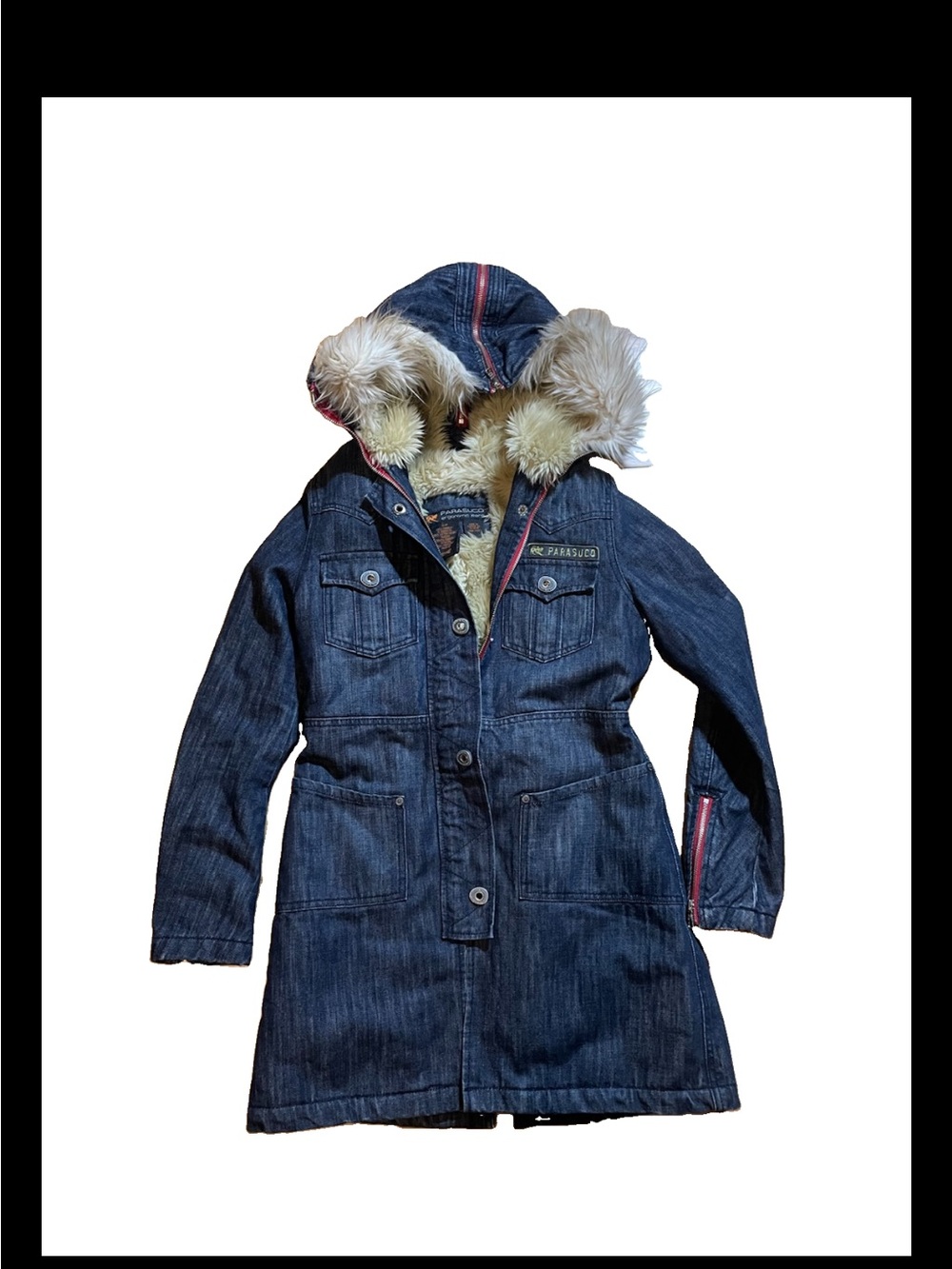 Parasuco Women's Dark Blue Denim Parka Coat with Faux Fur Trim size small
